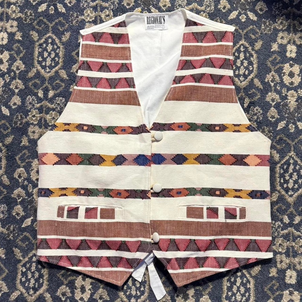 Vintage 70s Guatemala Handwoven Cotton Tapestry Vest Boho Folk Button Front L